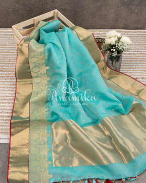 Blue Chanderi Silk Saree with a contrast red blouse