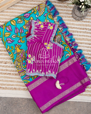 Blue Digital Print Gadwal Saree with Purple Border