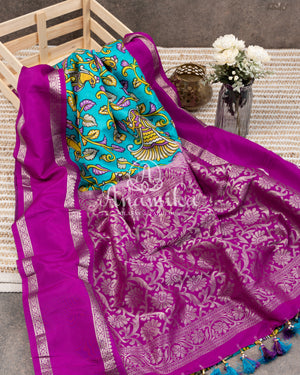 Blue Digital Print Gadwal Saree with Purple Border