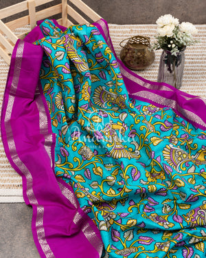 Blue Digital Print Gadwal Saree with Purple Border