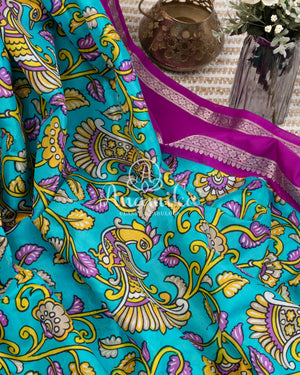 Blue Digital Print Gadwal Saree with Purple Border