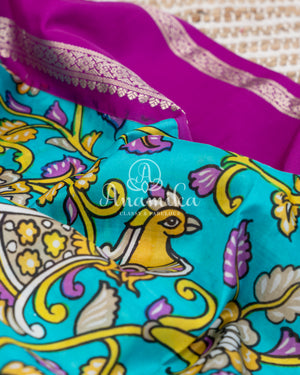 Blue Digital Print Gadwal Saree with Purple Border