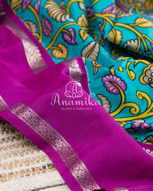 Blue Digital Print Gadwal Saree with Purple Border