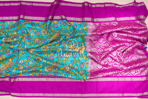 Blue Digital Print Gadwal Saree with Purple Border