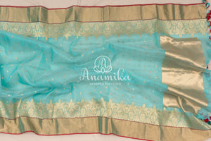 Blue Chanderi Silk Saree with a contrast red blouse