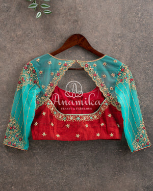 Blue Chanderi Silk Saree with a stylish net overlay blouse