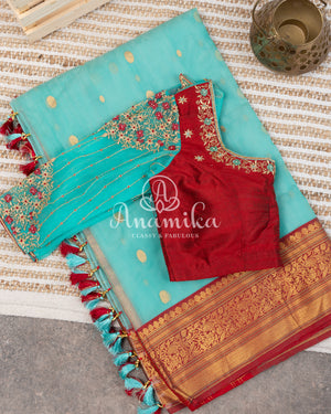 Blue Chanderi Silk Saree with a stylish net overlay blouse