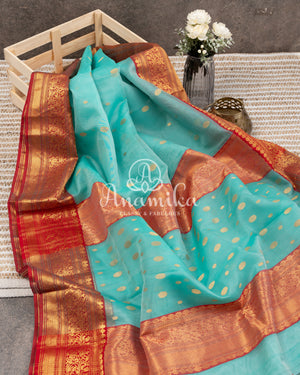 Blue Chanderi Silk Saree with a stylish net overlay blouse