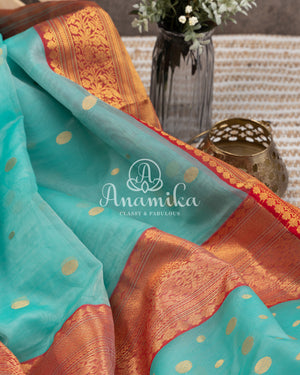 Blue Chanderi Silk Saree with a stylish net overlay blouse