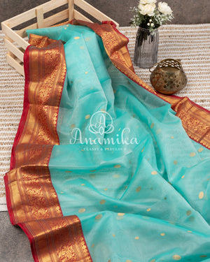 Blue Chanderi Silk Saree with a stylish net overlay blouse