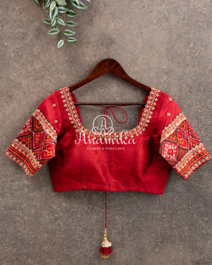 Blue Kalamkari Digital Print on crepe silk with a beautifully designed red blouse