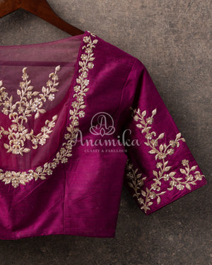 Purple Blouse with gold zardosi work with net overlay on the back