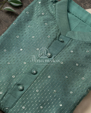 Unique shade of Green Chanderi Silk Kurta with Mirror & Threadwork - Stunning Quality