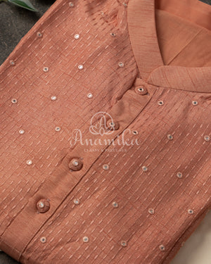 Peach Chanderi Silk Kurta with Mirror & Threadwork - Stunning Quality