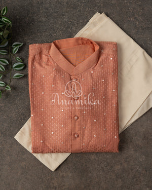 Peach Chanderi Silk Kurta with Mirror & Threadwork - Stunning Quality