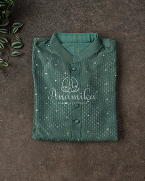 Unique shade of Green Chanderi Silk Kurta with Mirror & Threadwork - Stunning Quality
