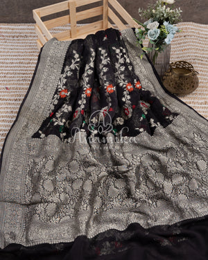 Black Banarasi Georgette saree with floral meenakari jaal weave