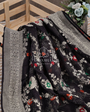 Black Banarasi Georgette saree with floral meenakari jaal weave