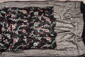 Black Banarasi Georgette saree with floral meenakari jaal weave