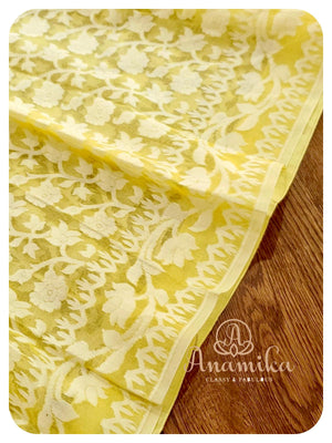 Yellow jamdaani saree with kalamkari blouse