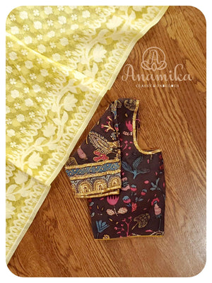 Yellow jamdaani saree with kalamkari blouse