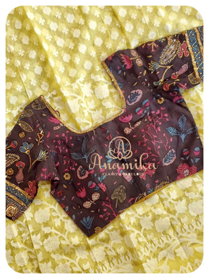 Yellow jamdaani saree with kalamkari blouse