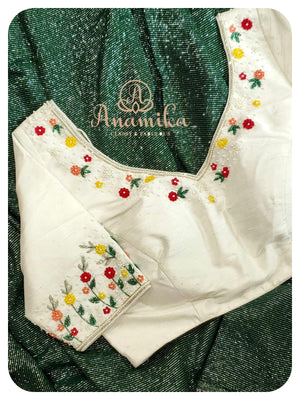 Green stripe saree with offwhite work blouse