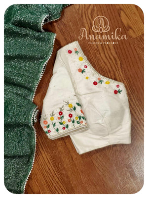 Green stripe saree with offwhite work blouse