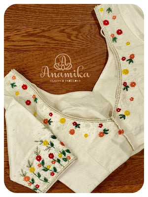 Green stripe saree with offwhite work blouse