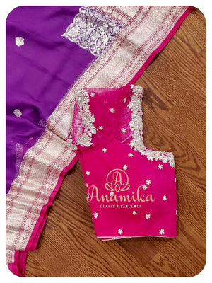 Purple-pink banaras chiffon saree set