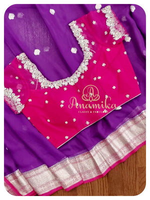 Purple-pink banaras chiffon saree set