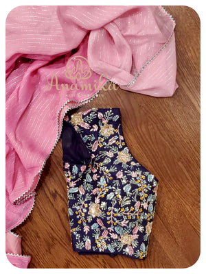 Baby pink stripe saree with designer work blouse