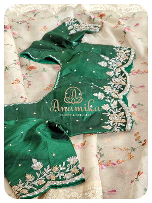 Cream Organza silk saree with matching work blouse