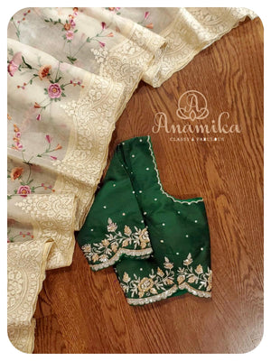 Cream Organza silk saree with matching work blouse