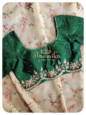 Cream Organza silk saree with matching work blouse