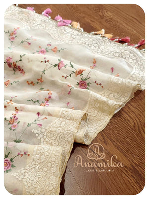 Cream Organza silk saree with matching work blouse