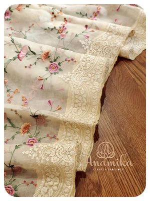 Cream Organza silk saree with matching work blouse