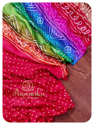 Red Bandini crepe silk saree with threadwork blouse
