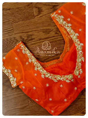 Yellow/Orange chevron printed Banarasi chiffon saree