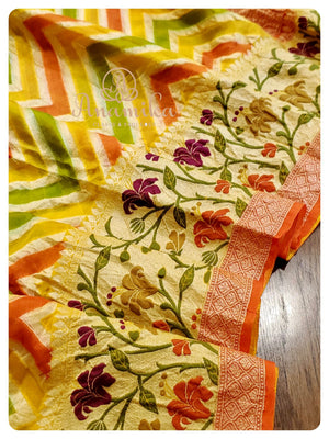Yellow/Orange chevron printed Banarasi chiffon saree