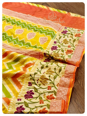 Yellow/Orange chevron printed Banarasi chiffon saree