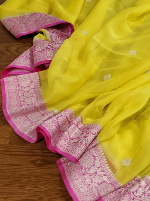 Pastel Yellow/Pink Banarasi Chiffon Saree with Pink Work blouse