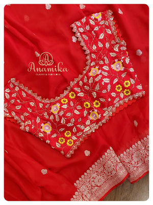 Red Banarasi Chiffon saree with heavy work blouse