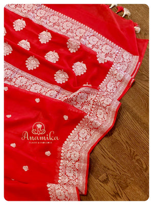 Red Banarasi Chiffon saree with heavy work blouse