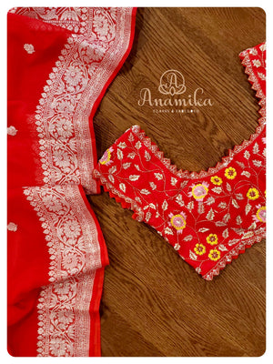 Red Banarasi Chiffon saree with heavy work blouse