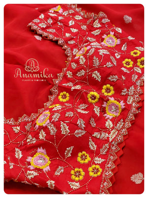 Red Banarasi Chiffon saree with heavy work blouse