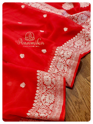 Red Banarasi Chiffon saree with heavy work blouse