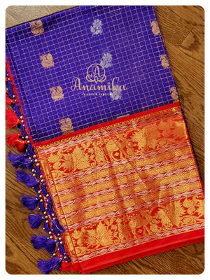 Blue/Red Kuppadam saree with Kanchi border