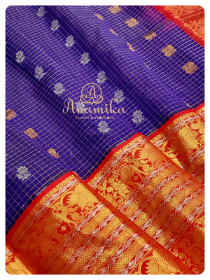 Blue/Red Kuppadam saree with Kanchi border