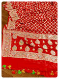 Red Banarasi Georgette Saree with off white net worked blouse